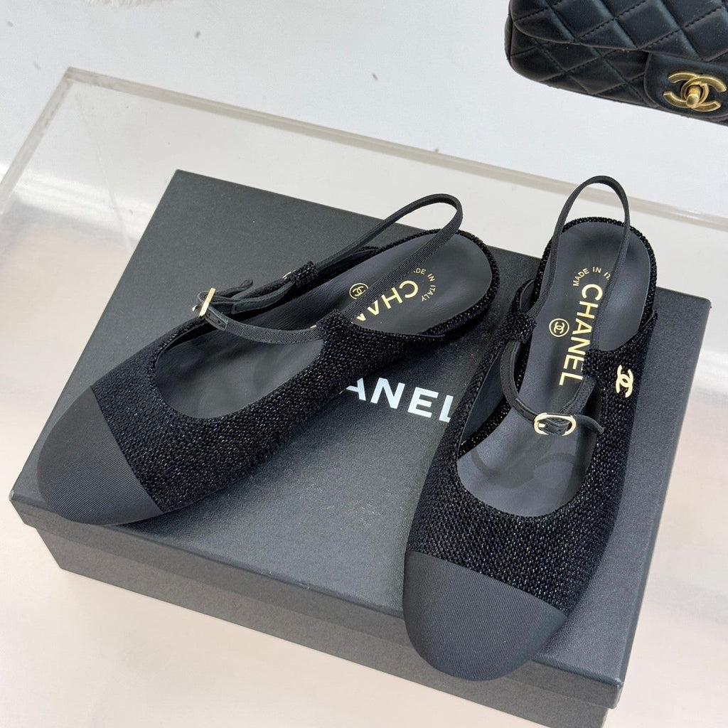 26C Two-tone Double C Flat Shoes Black Tweed 557690