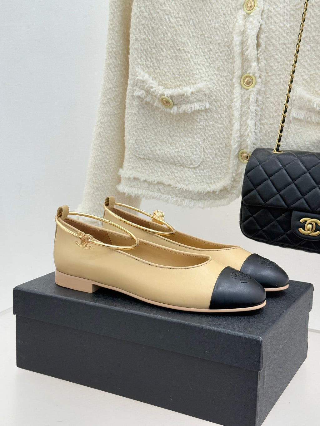 CC 26C Ribbon Double C Camellia Mary Jane Beige Black Lambskin