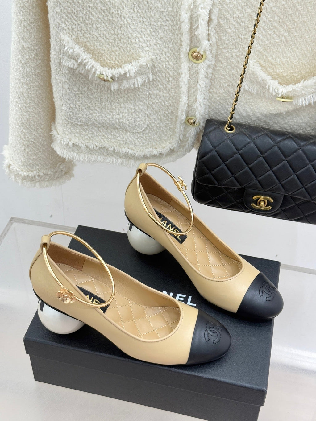 CC 26C Ribbon Camellia Mary Jane With Giant Pearl Black Beige Lambskin