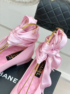 CC 26C Double C Ribbon Flat Shoes Black Pink Cafskin Fabric 557536