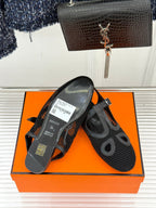HM 25WF Flat Sandals Mesh Cutout Black Calfskin 571917