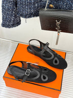 HM 25WF Flat Sandals Mesh Cutout Black Calfskin 571917
