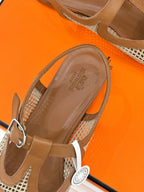 HM 25WF Flat Sandals Mesh Cutout Brown Calfskin 571919