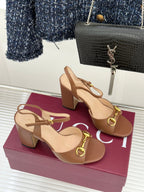 GG 26WF Chunky Heel Sandals 6.5cm Brown Sheepskin 632559