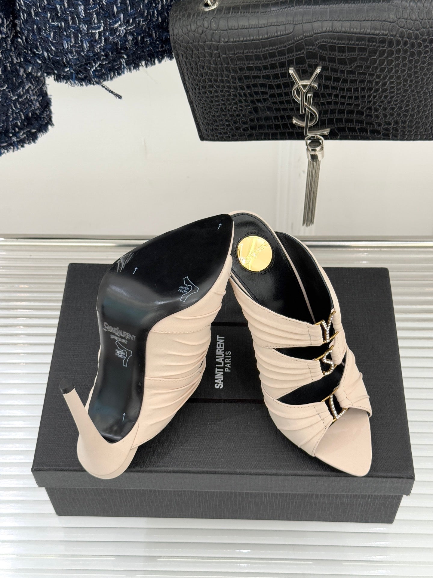 YSL Emilie Stiletto Mule Sandals 11cm Cream Satin 642912