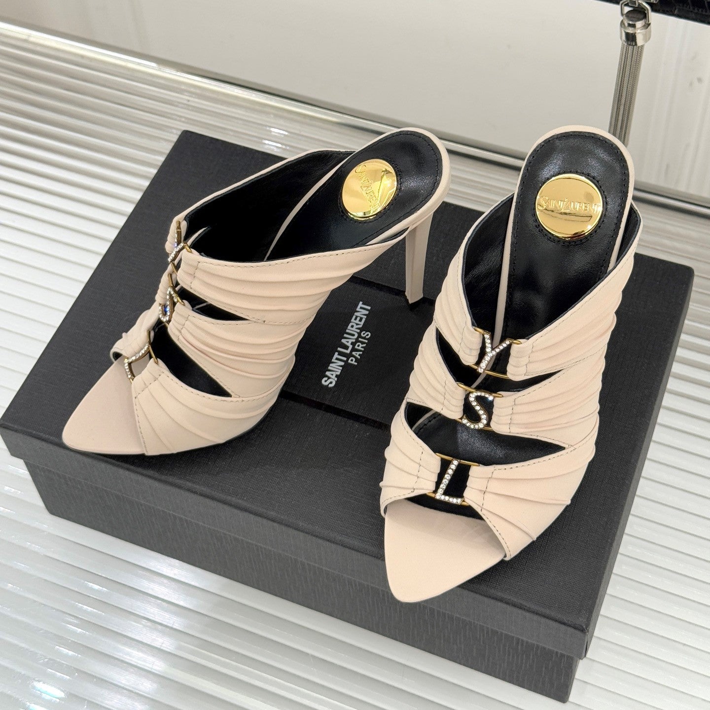 YSL Emilie Stiletto Mule Sandals 11cm Cream Satin 642912