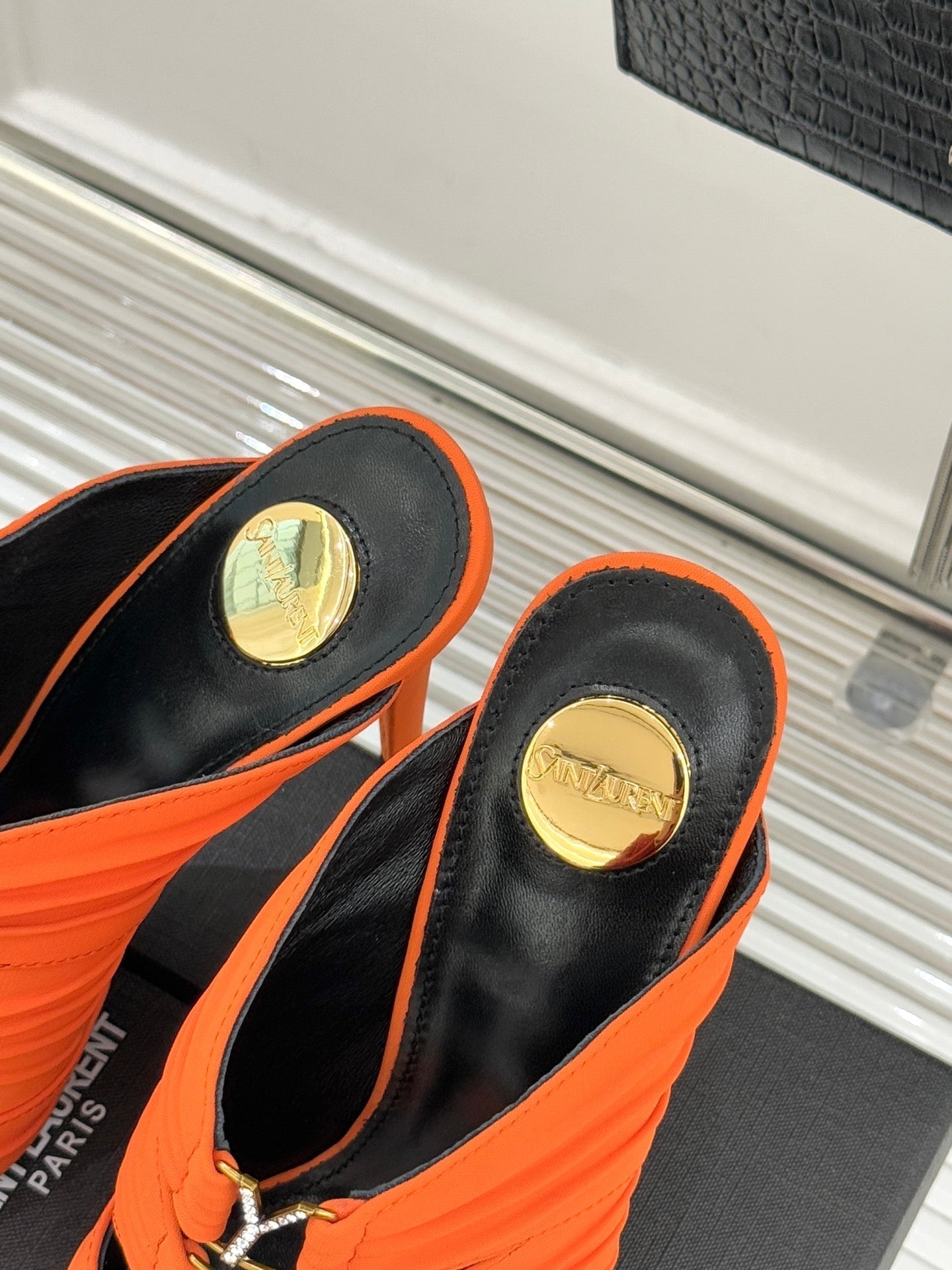 YSL Emilie Stiletto Mule Sandals 11cm Orange Satin 642913