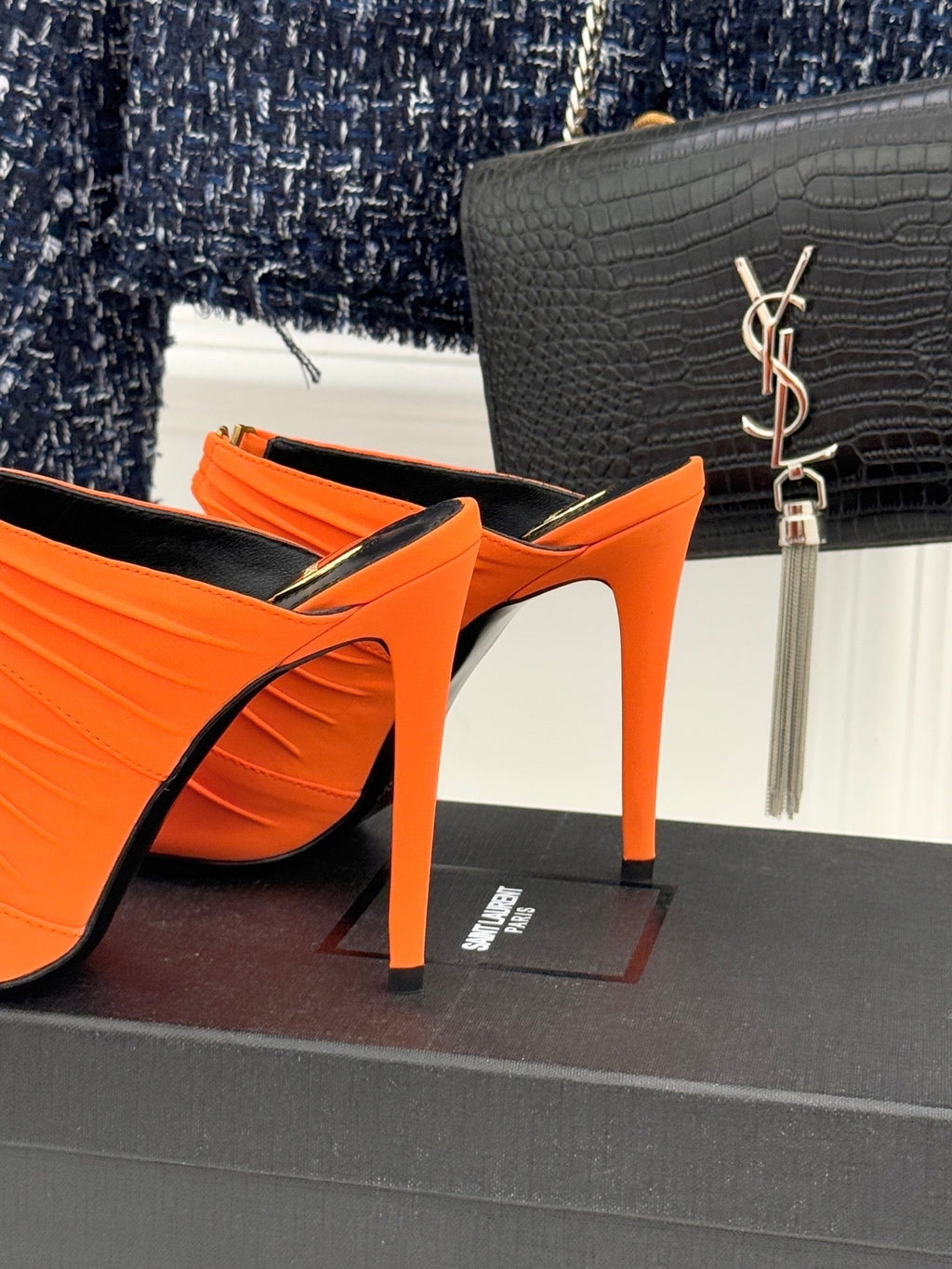 YSL Emilie Stiletto Mule Sandals 11cm Orange Satin 642913