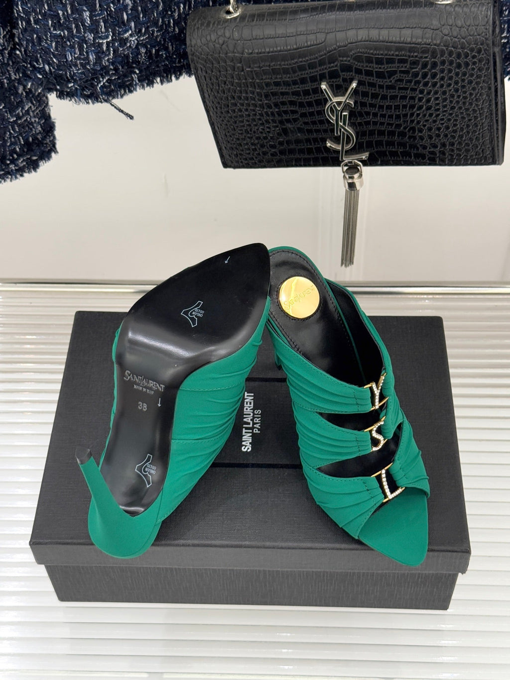 YSL Emilie Stiletto Mule Sandals 11cm Teal Green Satin 642914