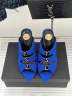 YSL Emilie Stiletto Mule Sandals 11cm Blue Satin 642915