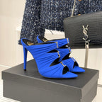 YSL Emilie Stiletto Mule Sandals 11cm Blue Satin 642915
