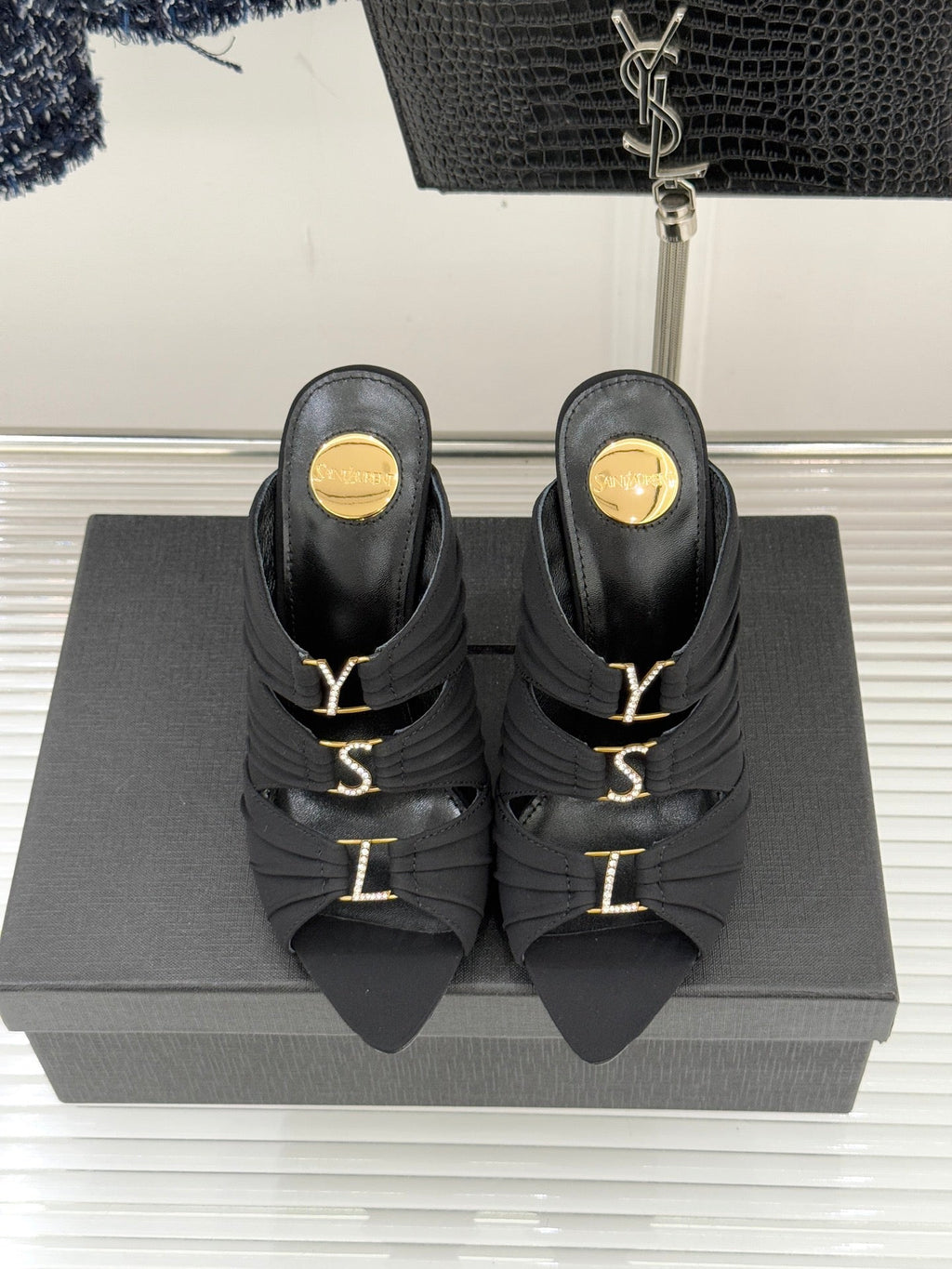 YSL Emilie Stiletto Mule Sandals 11cm Black Satin 642916