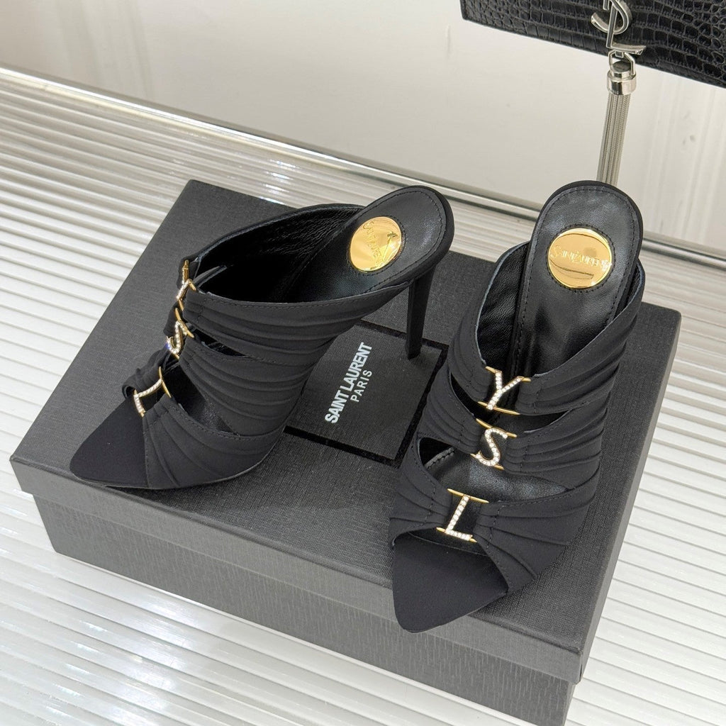 YSL Emilie Stiletto Mule Sandals 11cm Black Satin 642916