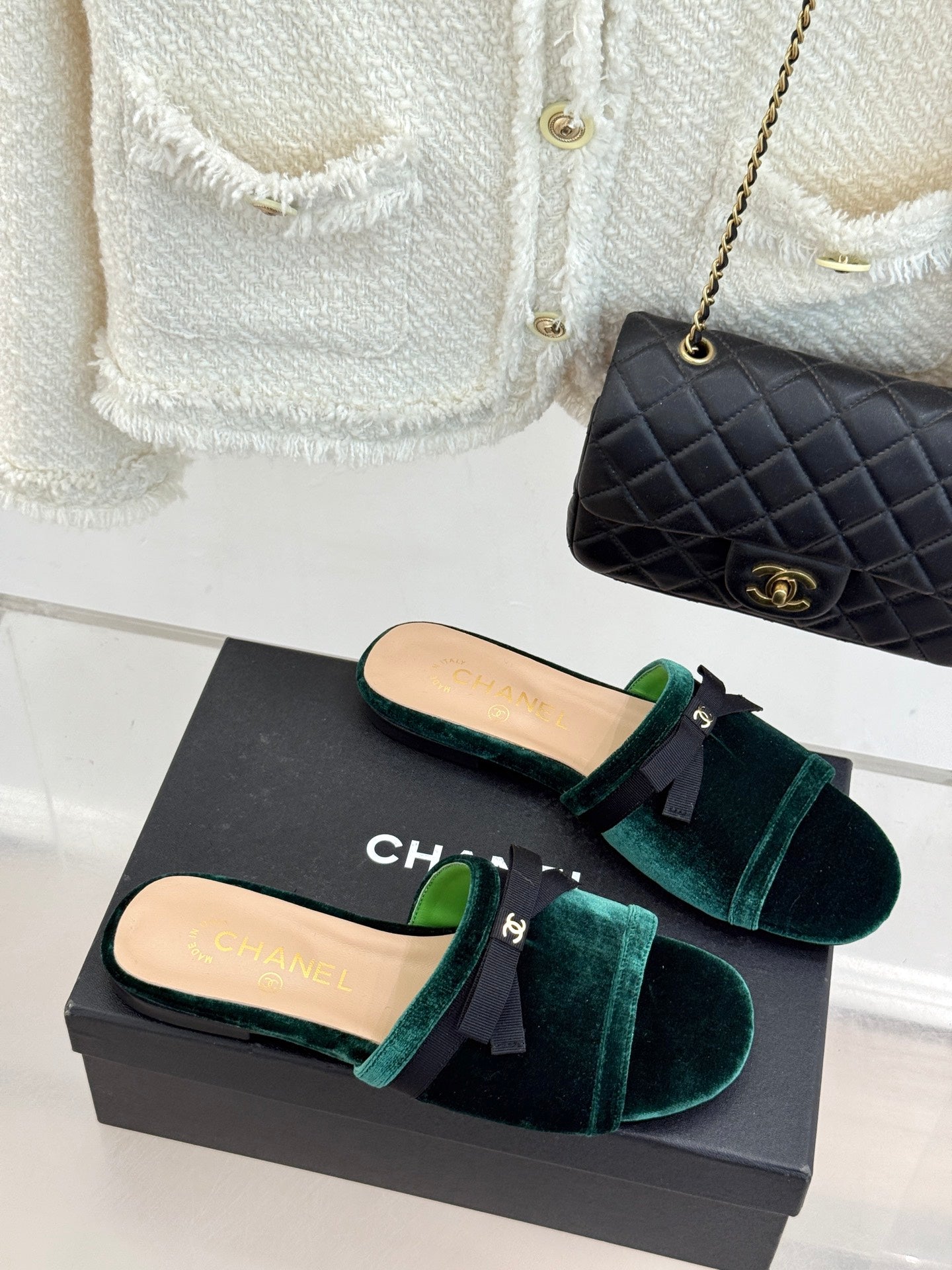 CC 26S Double C Bow Braid Slippers Teal Green Velvet 717789