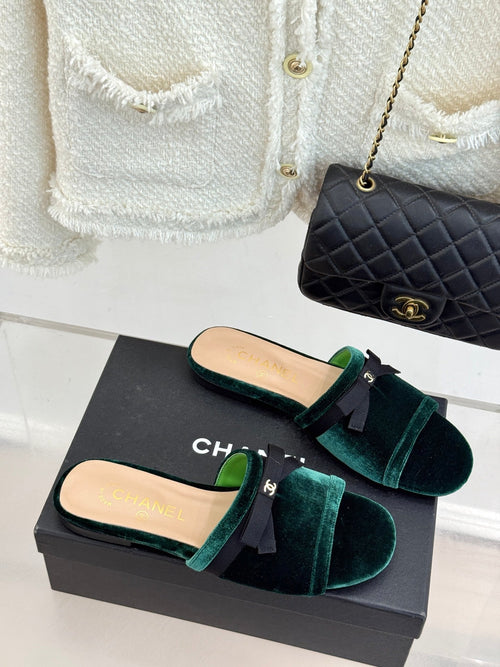CC 26S Double C Bow Braid Slippers Teal Green Velvet 717789