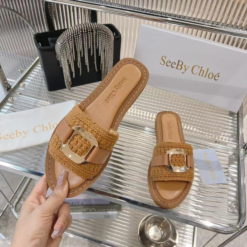 CHLOÉ WOVEN SLIDE MULE IN RUSSET BROWN WOOL AND LAMBSKIN GOLD HARDWARE