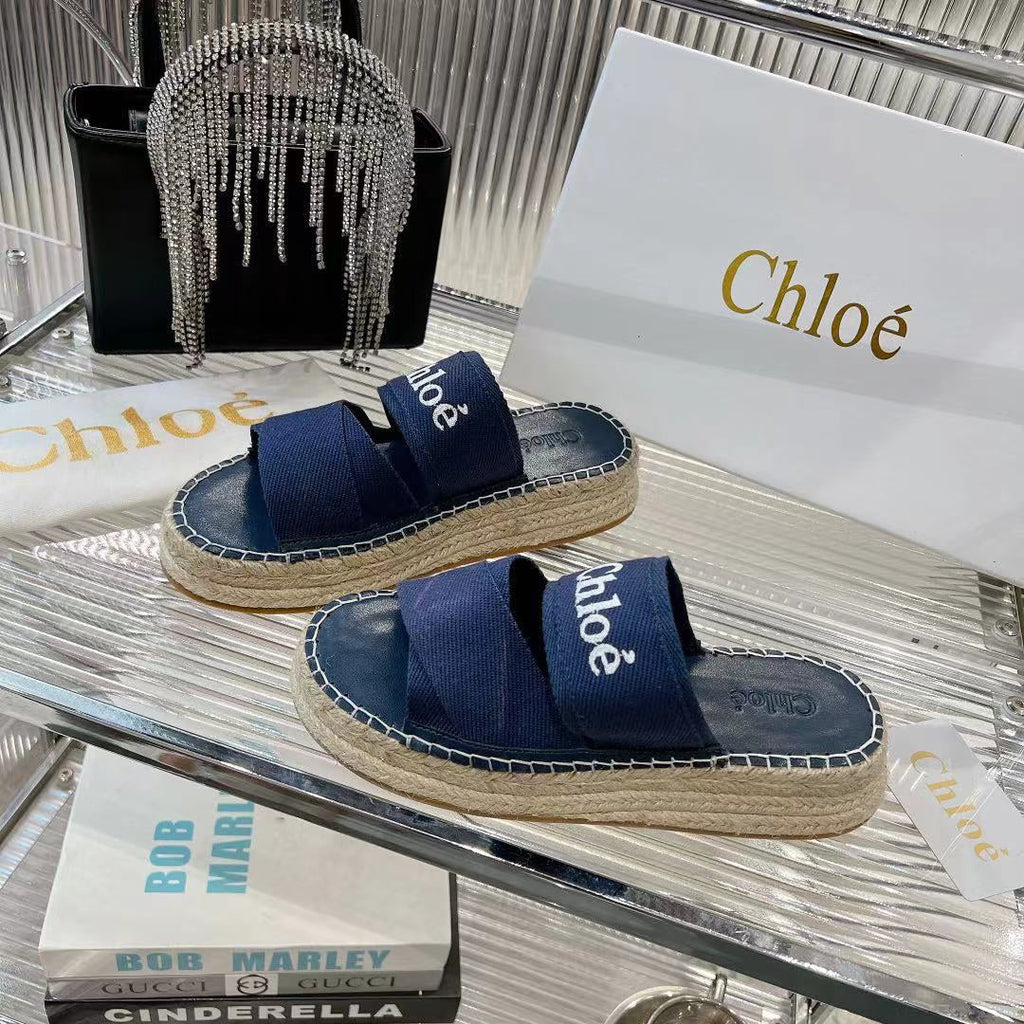 CHLOÉ MILA PLATFORM 5 CM IN NAVY BLUE FABRIC AND BEIGE RAFFIA