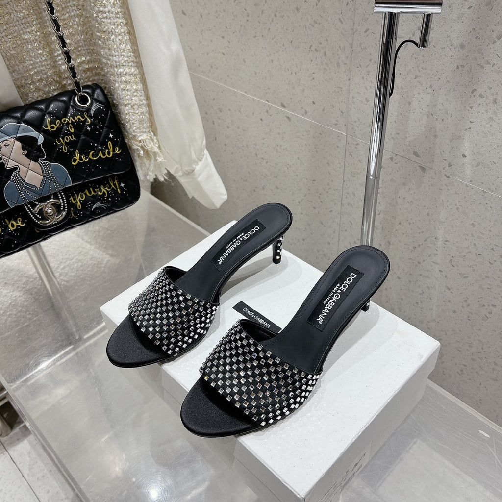 DC Rhinestone Mules 65mm Black Silk & Sheepskin 359514