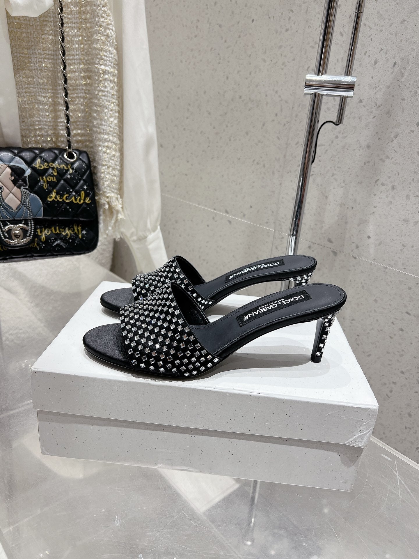 DC Rhinestone Mules 65mm Black Silk & Sheepskin 359514