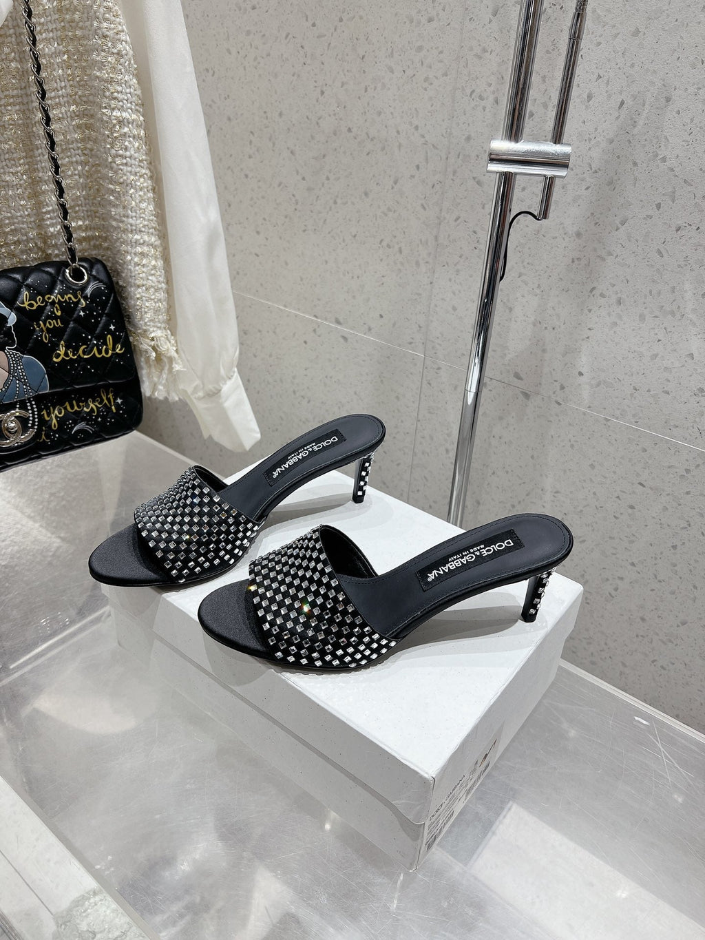 DC Rhinestone Mules 65mm Black Silk & Sheepskin 359514
