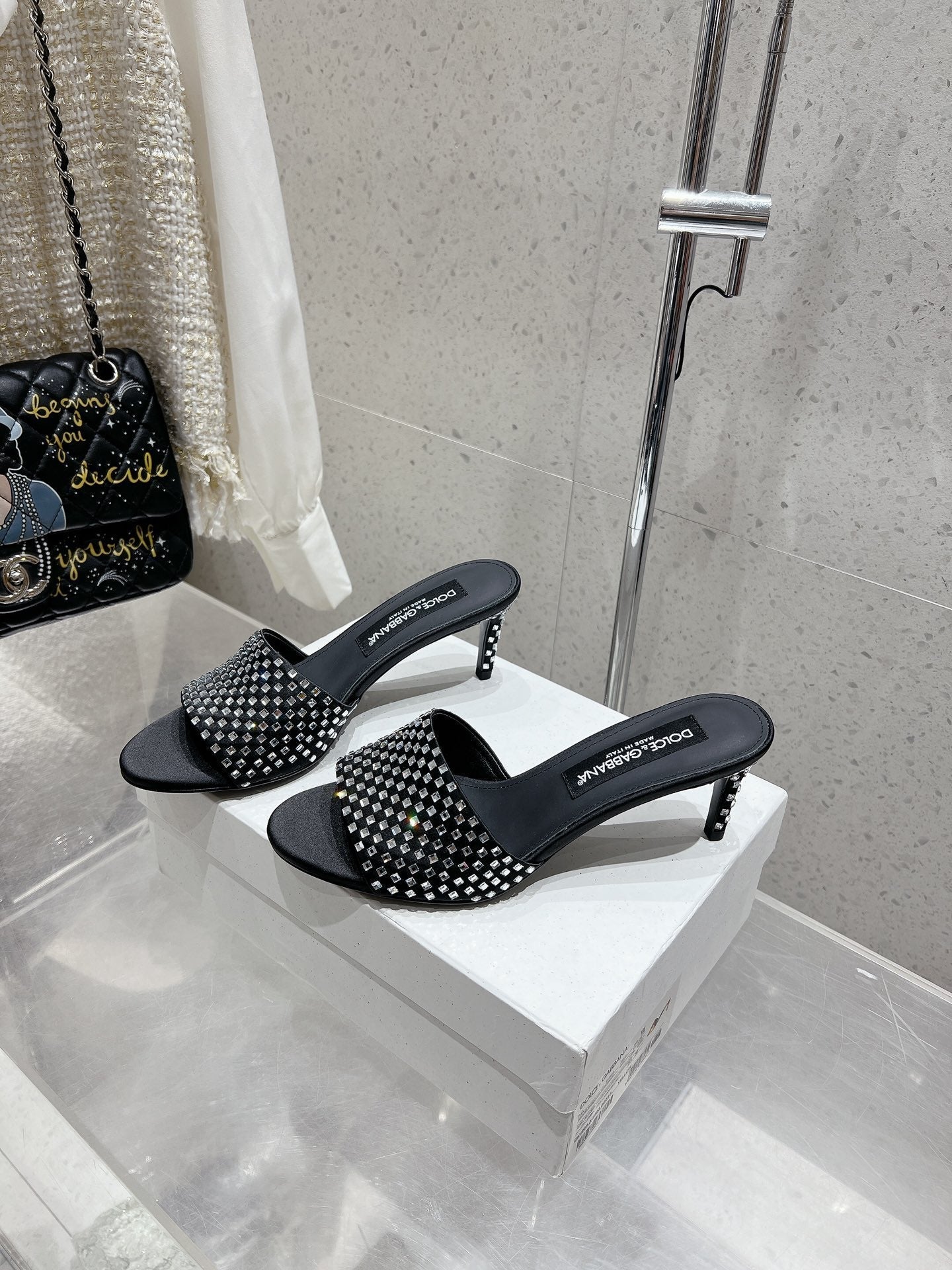 DC Rhinestone Mules 65mm Black Silk & Sheepskin 359514