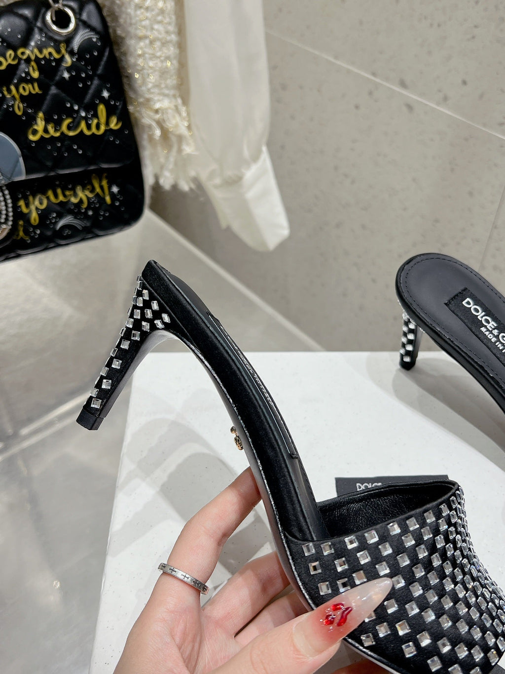DC Rhinestone Mules 65mm Black Silk & Sheepskin 359514