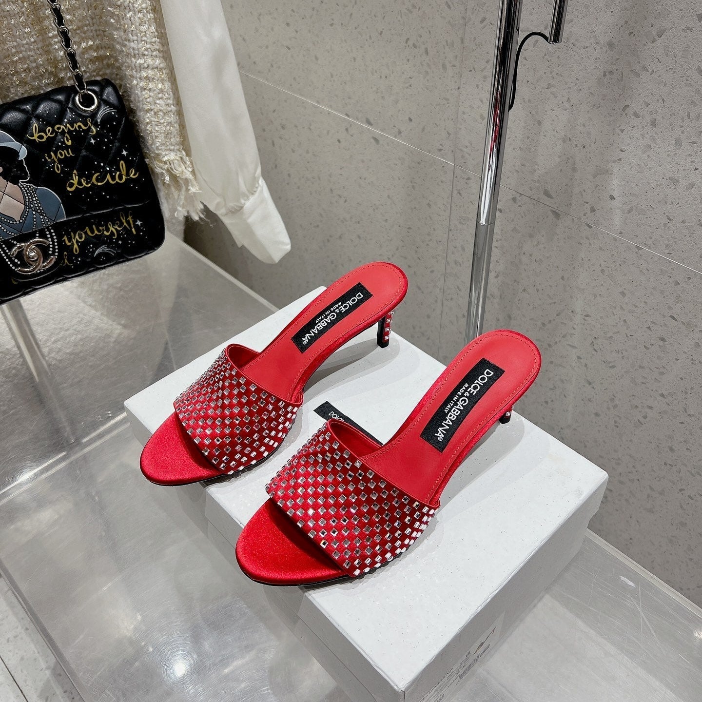 DC Rhinestone Mules 65mm Red Silk & Sheepskin 359515