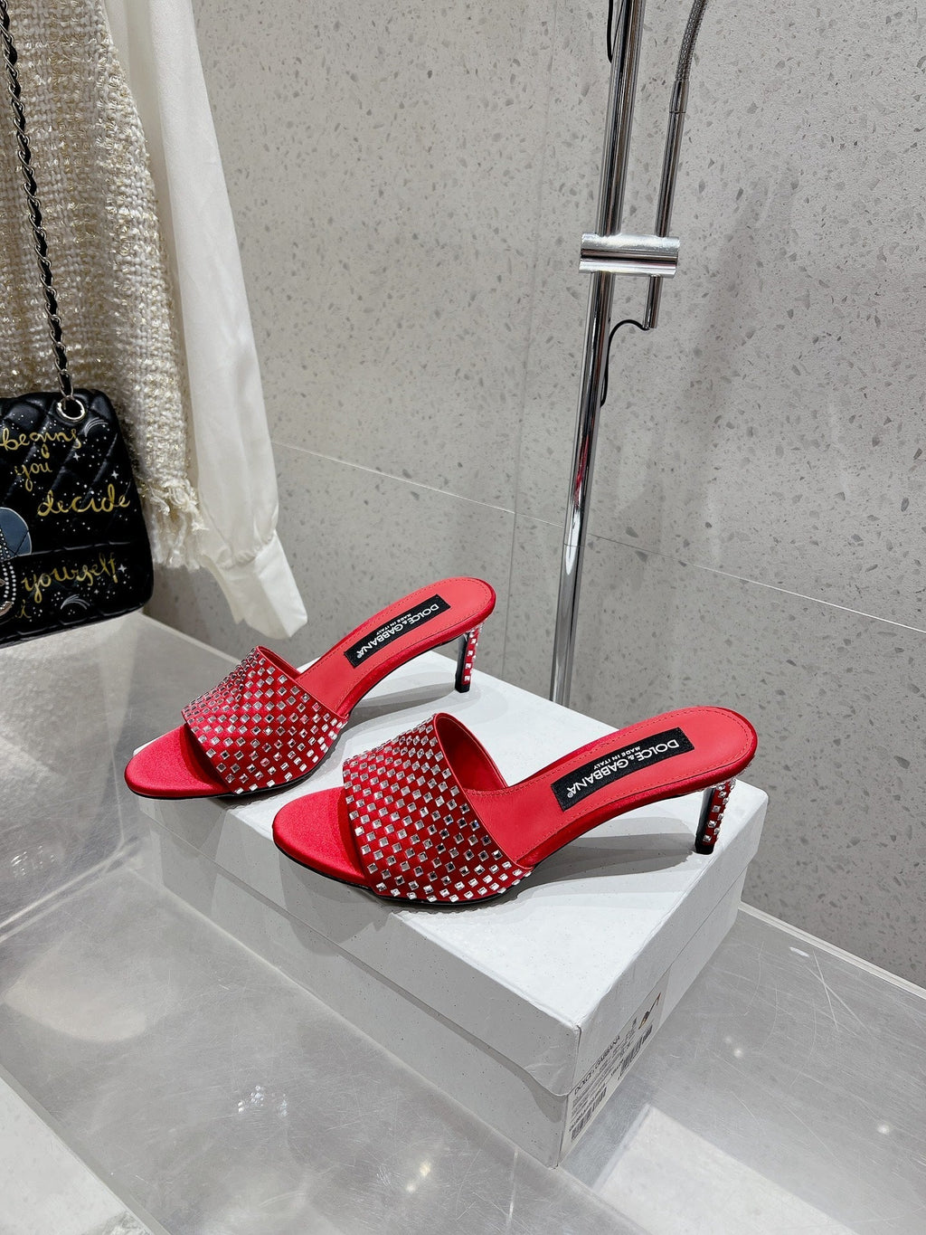 DC Rhinestone Mules 65mm Red Silk & Sheepskin 359515