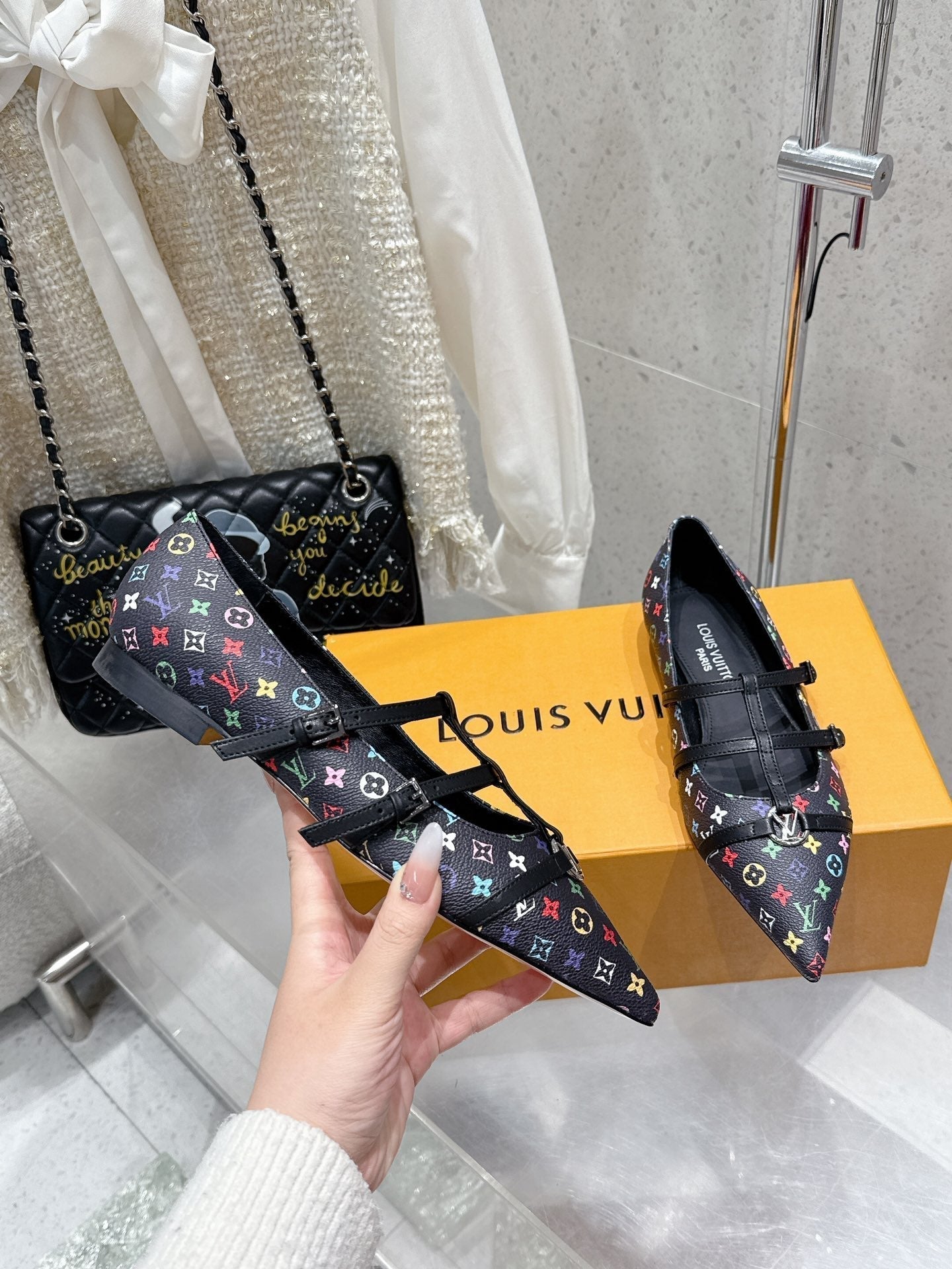 LV 6AM Flat Ballerina Black Monogram Cowhide 610741