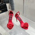 DC Flower High Heel Sandals 105mm Red Satin & Sheepskin 359506