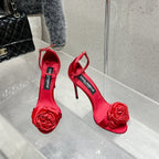 DC Flower High Heel Sandals 105mm Red Satin & Sheepskin 359506