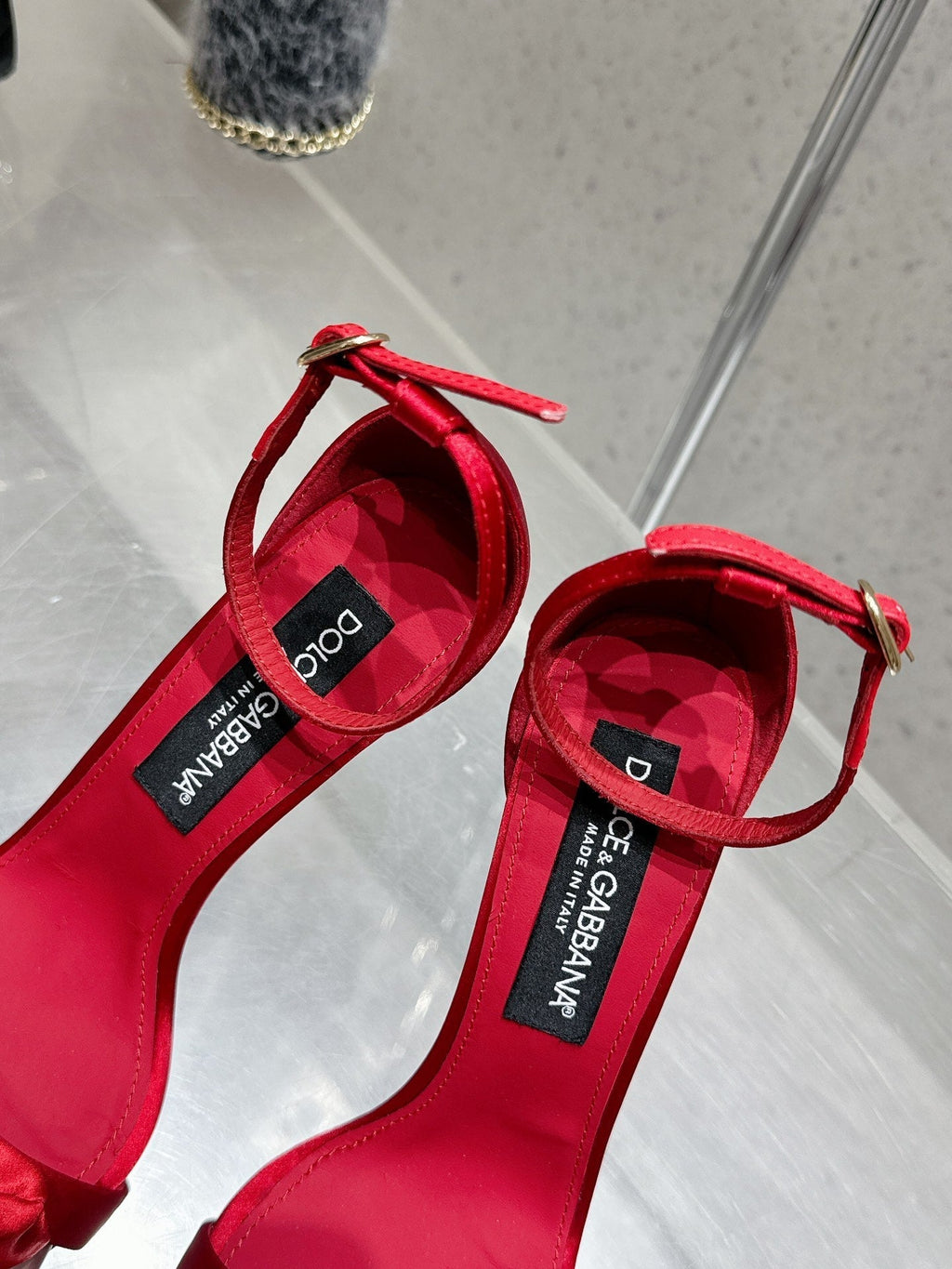 DC Flower High Heel Sandals 105mm Red Satin & Sheepskin 359506