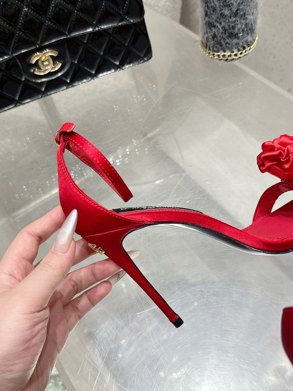 DC Flower High Heel Sandals 105mm Red Satin & Sheepskin 359506