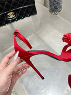 DC Flower High Heel Sandals 105mm Red Satin & Sheepskin 359506