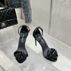 DC Flower High Heel Sandals 105mm Black Satin & Sheepskin 359507