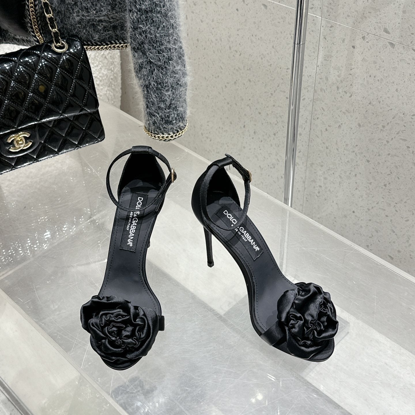 DC Flower High Heel Sandals 105mm Black Satin & Sheepskin 359507