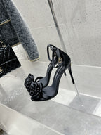 DC Flower High Heel Sandals 105mm Black Satin & Sheepskin 359507