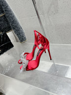DC Rhinestone Bow Heel Sandals 105mm Red Satin & Sheepskin 359508