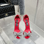 DC Rhinestone Bow Heel Sandals 105mm Red Satin & Sheepskin 359508