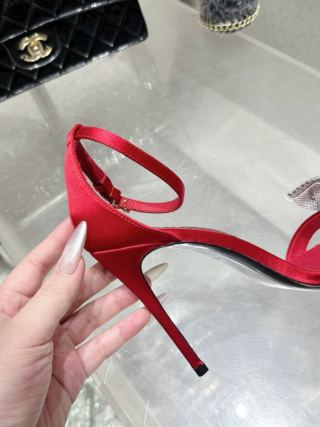 DC Rhinestone Bow Heel Sandals 105mm Red Satin & Sheepskin 359508