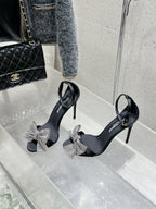 DC Rhinestone Bow Heel Sandals 105mm Black Satin & Sheepskin 359509