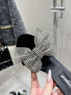 DC Rhinestone Bow Heel Sandals 105mm Black Satin & Sheepskin 359509