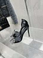 DC Rhinestone Bow Heel Sandals 105mm Black Satin & Sheepskin 359509