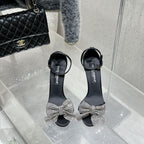 DC Rhinestone Bow Heel Sandals 105mm Black Satin & Sheepskin 359509