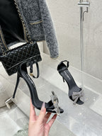 DC Rhinestone Bow Heel Sandals 105mm Black Satin & Sheepskin 359509
