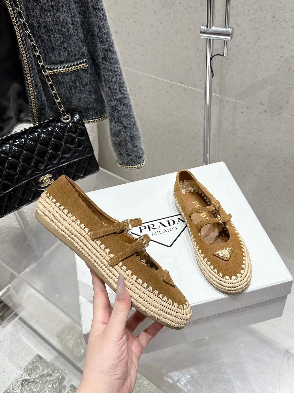 Pra 2025 Ballet Flat Brown Beige Suede Woven 554290