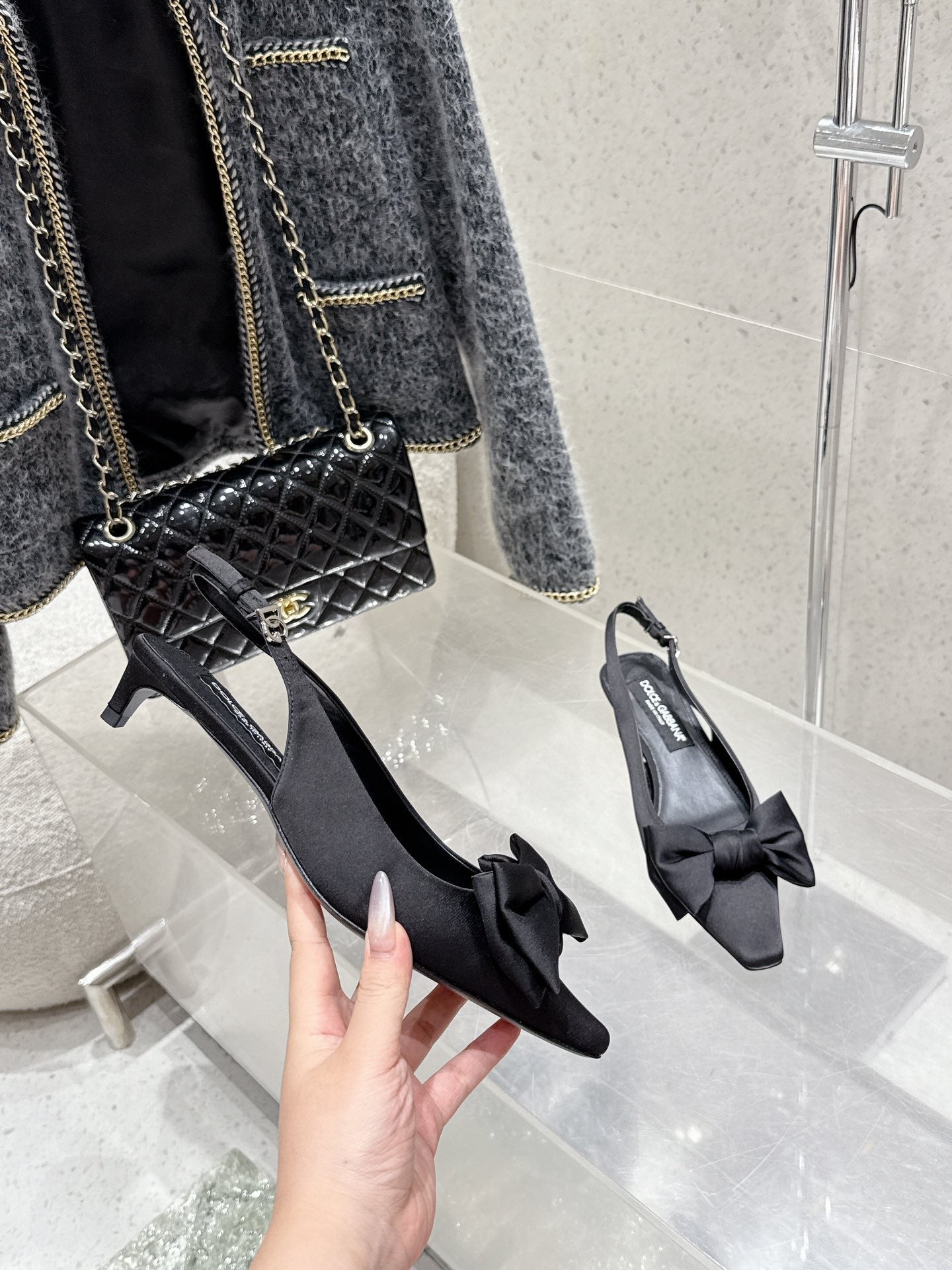 DC Bow Slingback Pumps 30mm Black Satin & Sheepskin 359511