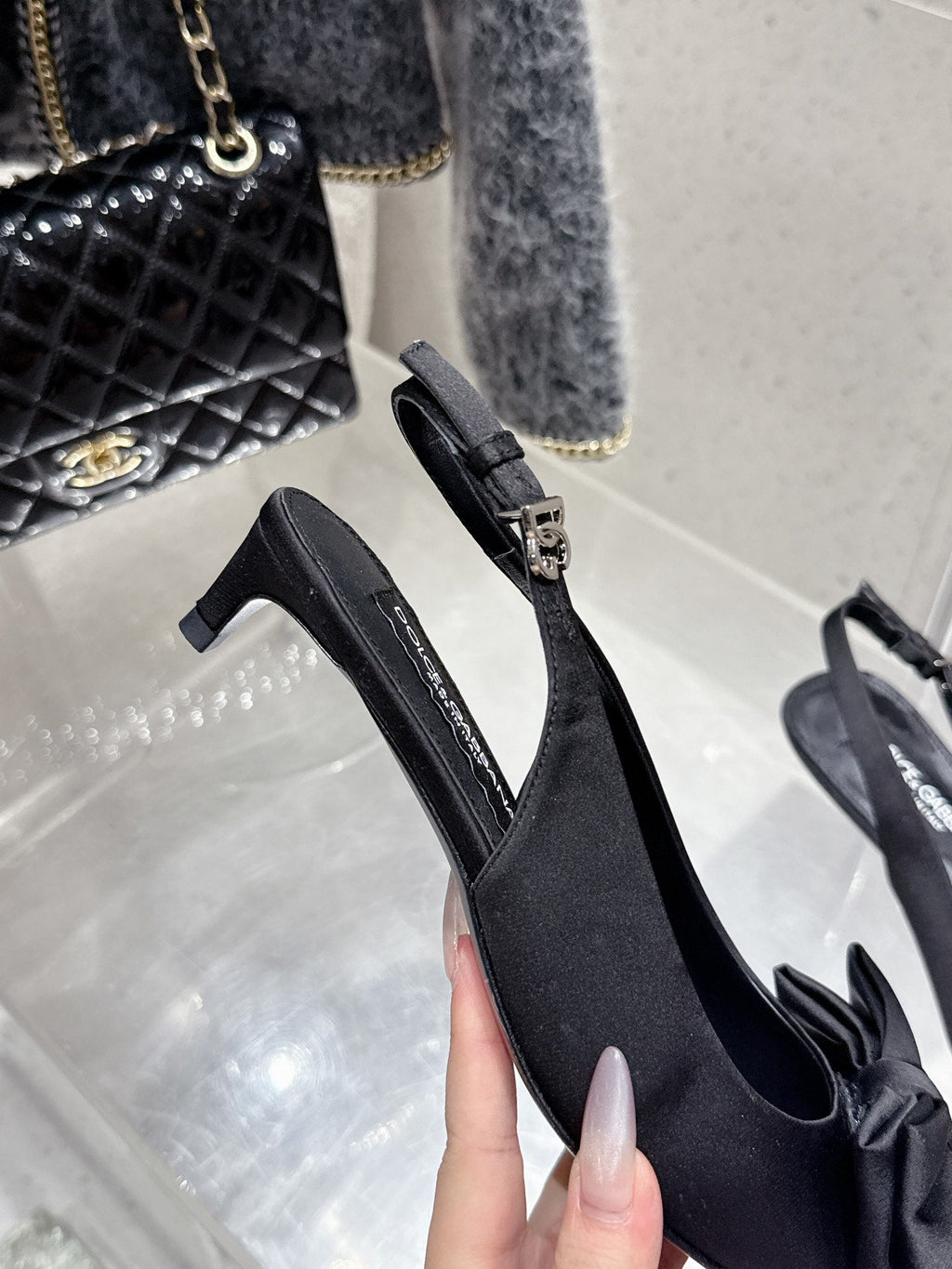 DC Bow Slingback Pumps 30mm Black Satin & Sheepskin 359511