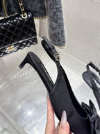 DC Bow Slingback Pumps 30mm Black Satin & Sheepskin 359511