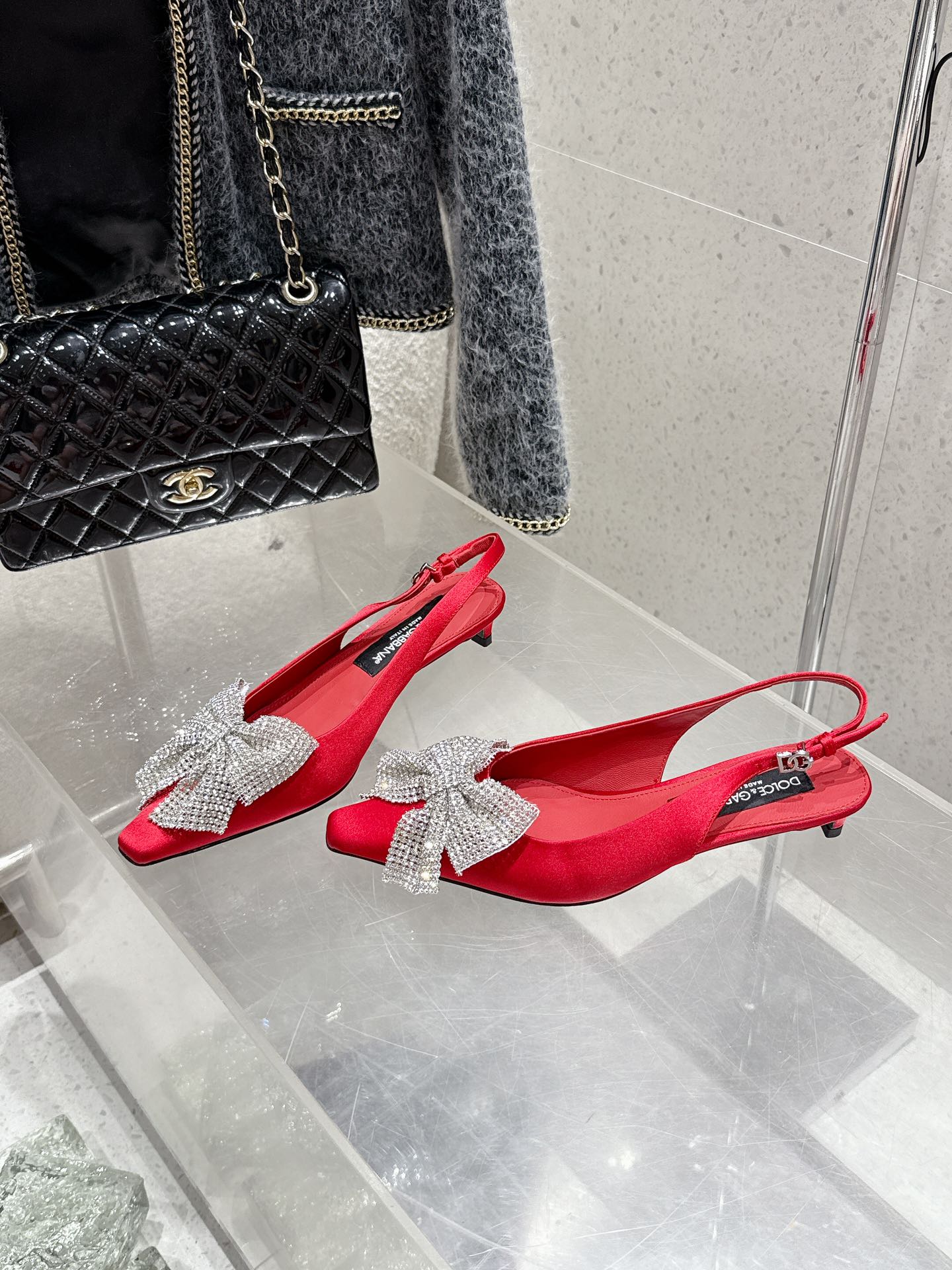 DC 25 Rhinestone Bow Slingback Pumps 40mm Red Silk & Sheepskin Sheepskin 359512